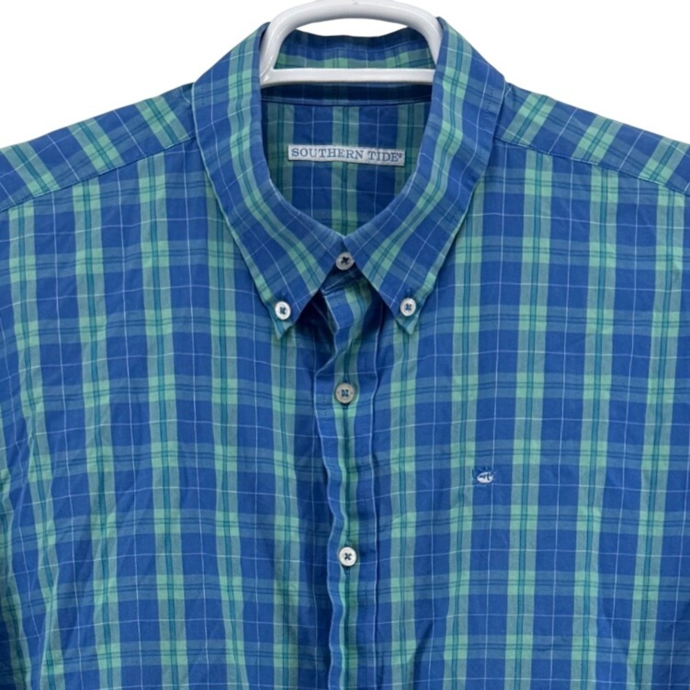 Southern Tide Mens XL Blue Green Plaid Long Sleeve Button Down Cotton Shirt